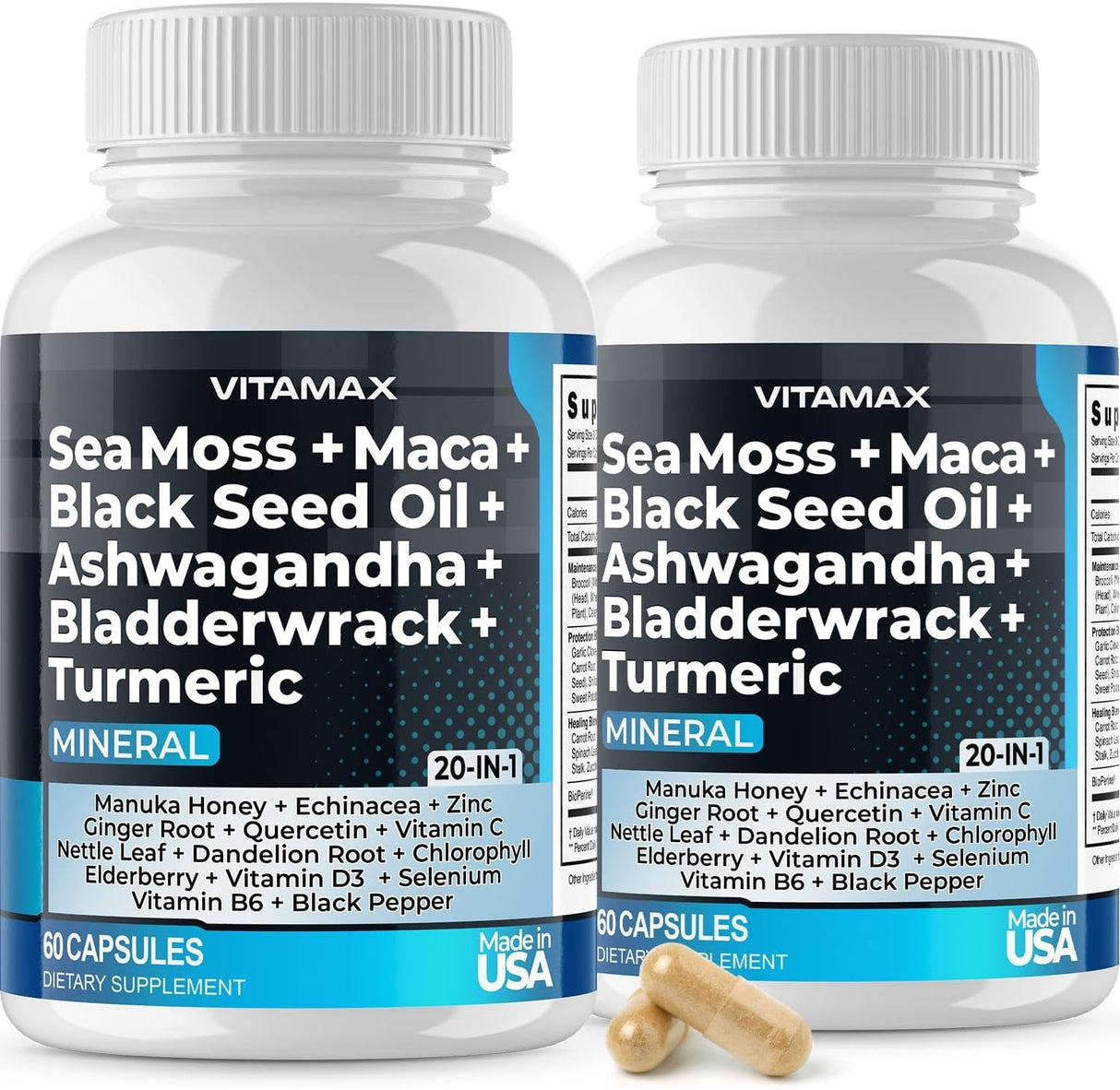 Sea Moss 3000Mg Maca 1000Mg Black Seed Oil 2000Mg Ashwagandha 1000Mg Bladderwrack, Turmeric - Manuka, Elderberry, Vitamins C & D3, Chlorophyll, Zinc, Black Pepper - Made in USA (60 Count (Pack of 1) - Supply Center USA