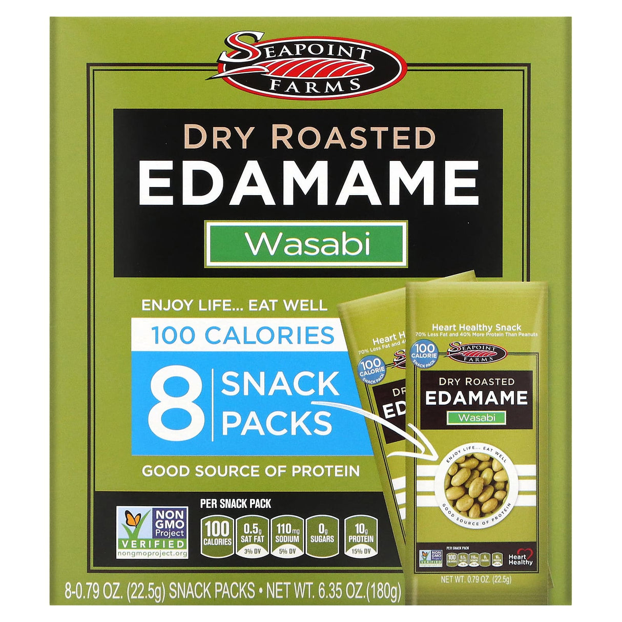 Seapoint Farms, Dry Roasted Edamame, Wasabi, 8 Snack Packs, 0.79 oz (22.5 g) Each - Supply Center USA