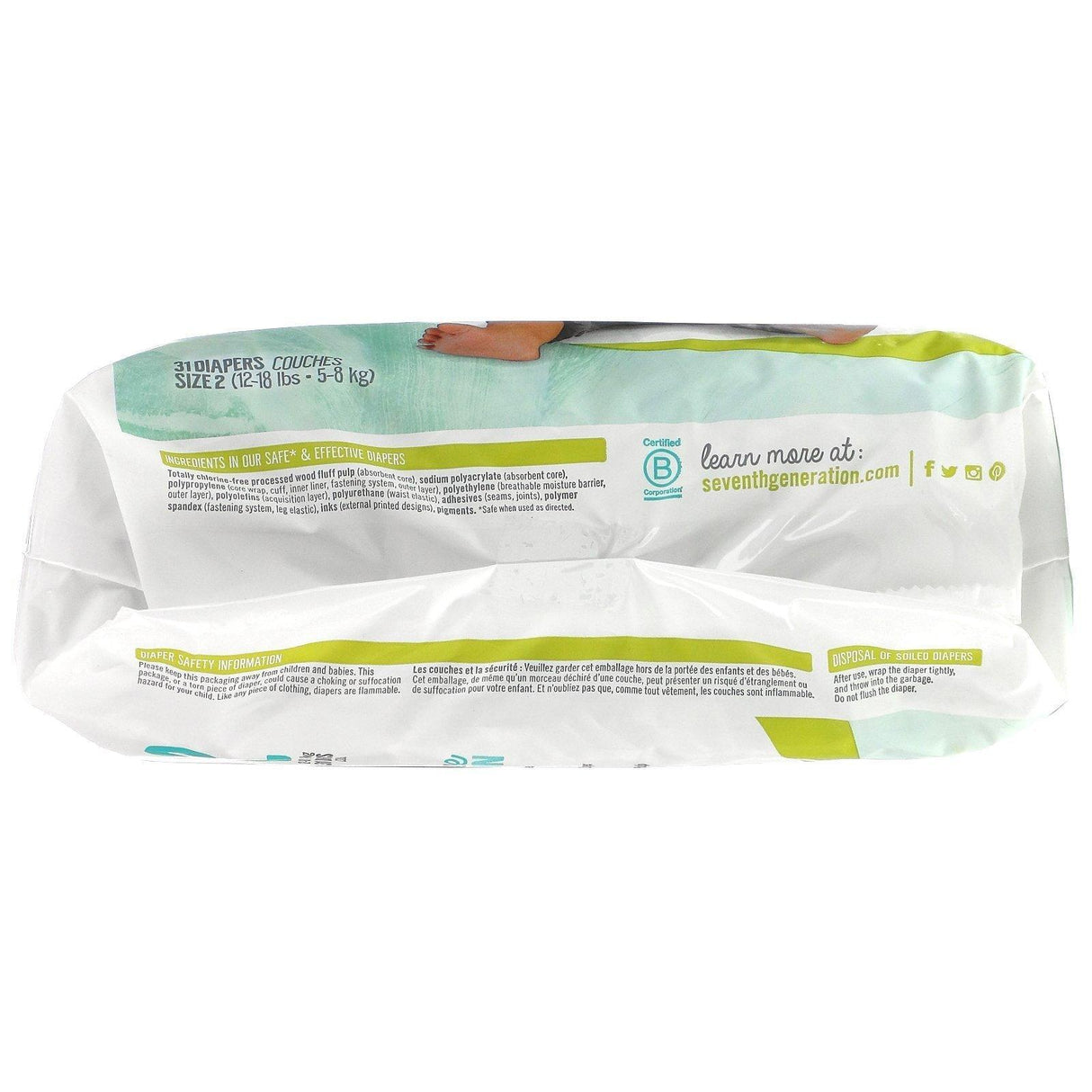 Seventh Generation, Sensitive Protection Diapers, Size 2, 12 - 18 lbs, 31 Diapers - Supply Center USA