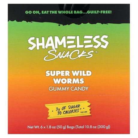 Shameless Snacks, Super Wild Worms Gummy Candy, Green Apple and Strawberry, 6 Bags, 1.8 oz (50 g) Each - Supply Center USA