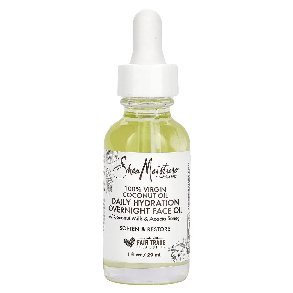 SheaMoisture, 100% Virgin Coconut Oil, Daily Hydration Overnight Face Oil, 1 fl oz (29 ml) - Supply Center USA