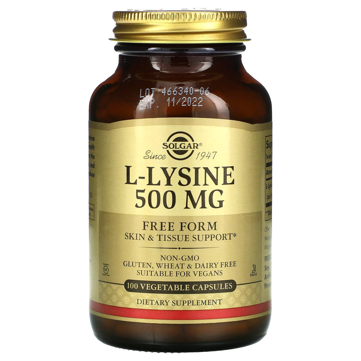 Solgar, L-Lysine, Free Form, 500 mg, 100 Vegetable Capsules - Supply Center USA