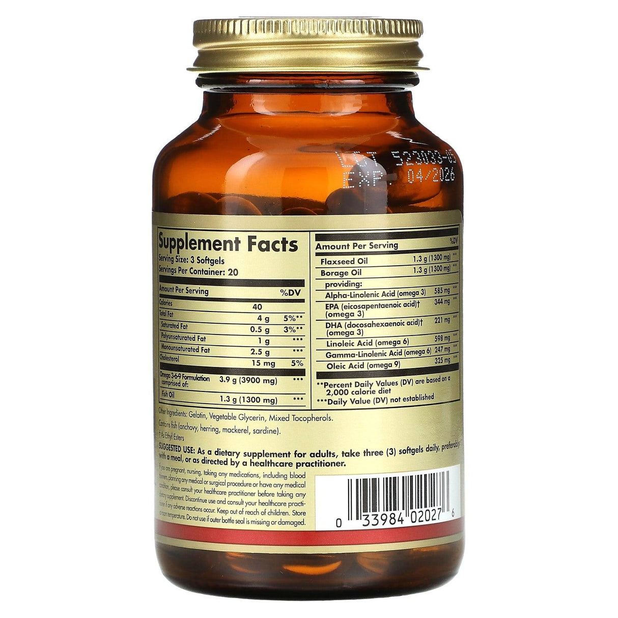 Solgar, Omega 3-6-9, Fish, Flax, Borage, 433 mg, 60 Softgels - Supply Center USA