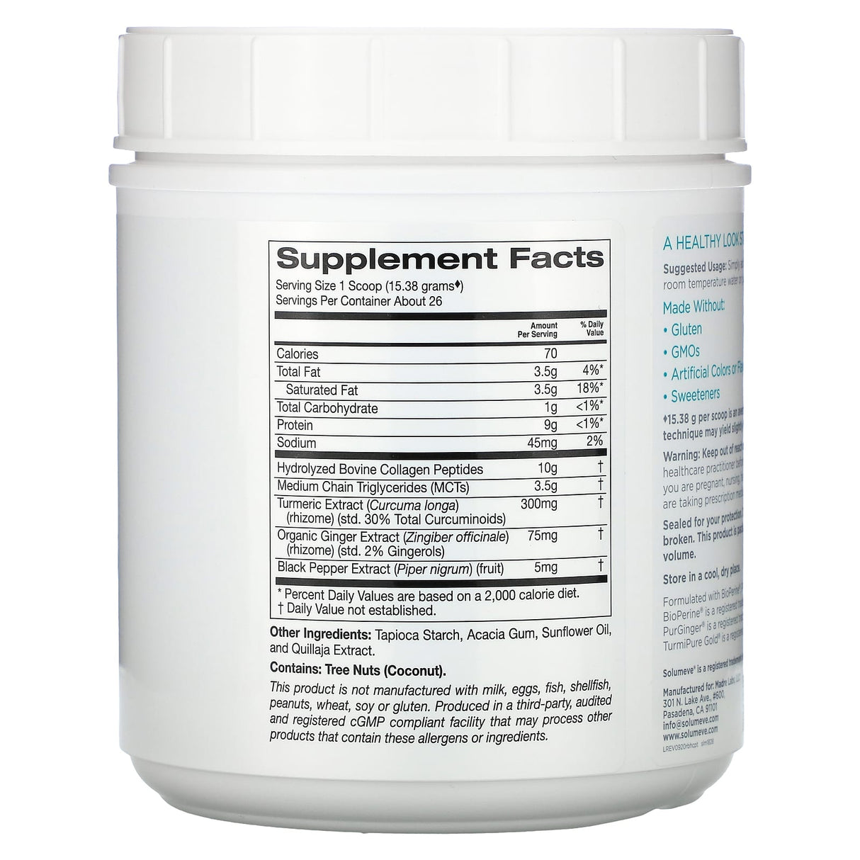 Solumeve, Hydrolyzed Collagen Peptides with Turmeric, MCT, and Ginger, 14 oz (400 g) - Supply Center USA