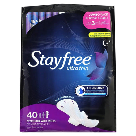 Stayfree, Ultra Thin, Overnight with Wings, 40 Pads - Supply Center USA