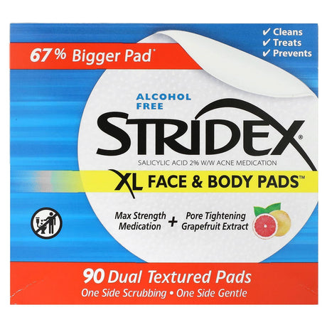 Stridex, XL Face & Body Pads, Alcohol Free, 90 Dual Textured Pads - Supply Center USA