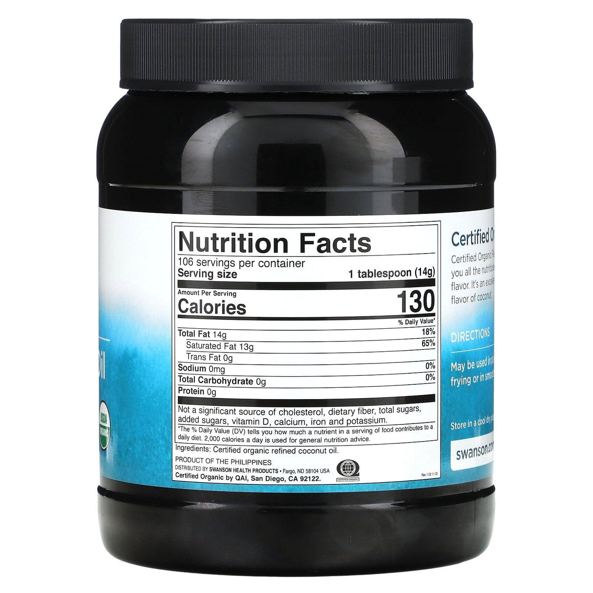 Swanson, Certified Organic Coconut Oil, Flavor Free, 3 lbs 4 oz (1.47 kg) - Supply Center USA