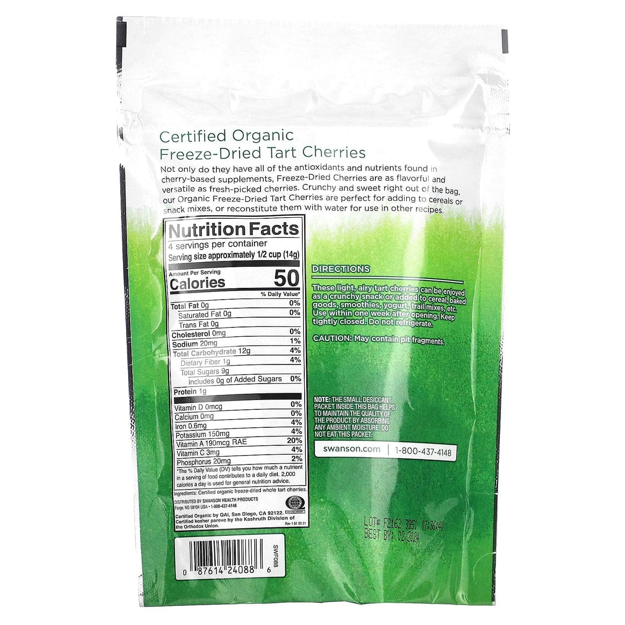 Swanson, Certified Organic Freeze-Dried Tart Cherries, 2 oz (56 g) - Supply Center USA