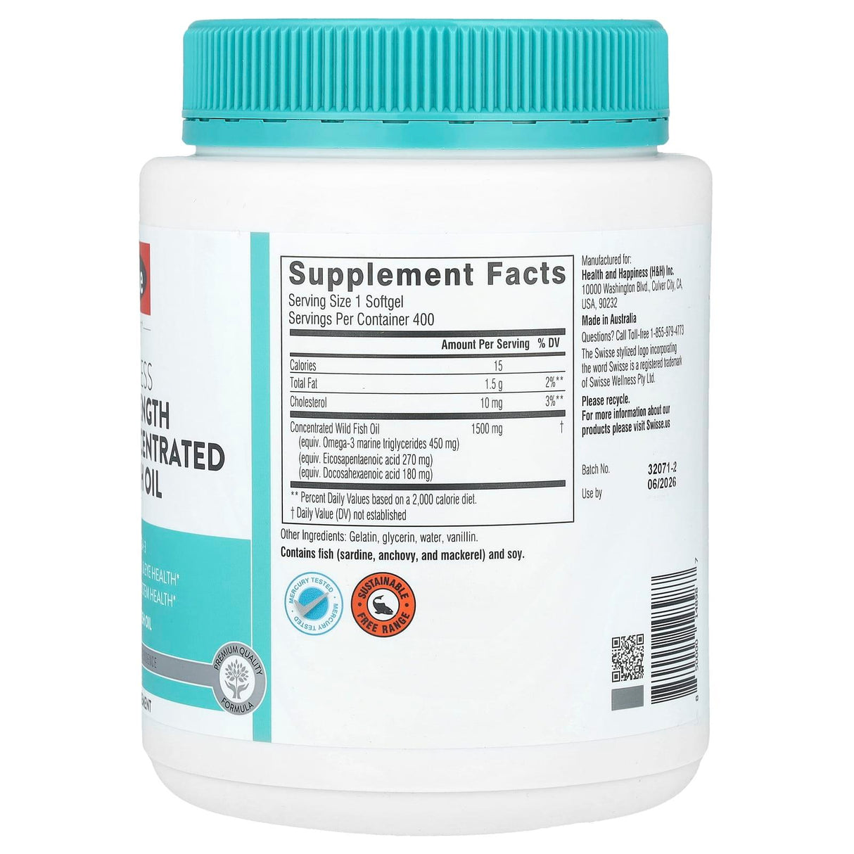Swisse, Ultiboost®, Odorless High Strength Omega-3 Concentrated Wild Fish Oil , 1,500 mg , 400 Softgels - Supply Center USA
