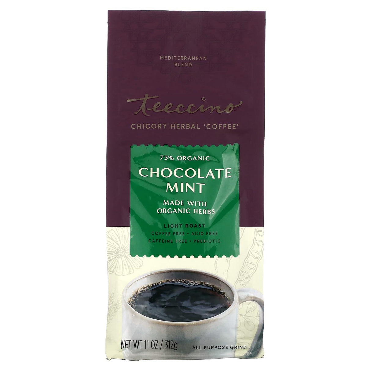 Teeccino, Organic Chicory Herbal 'Coffee', Chocolate Mint, Light Roast, Caffeine Free, 11 oz (312 g) - Supply Center USA