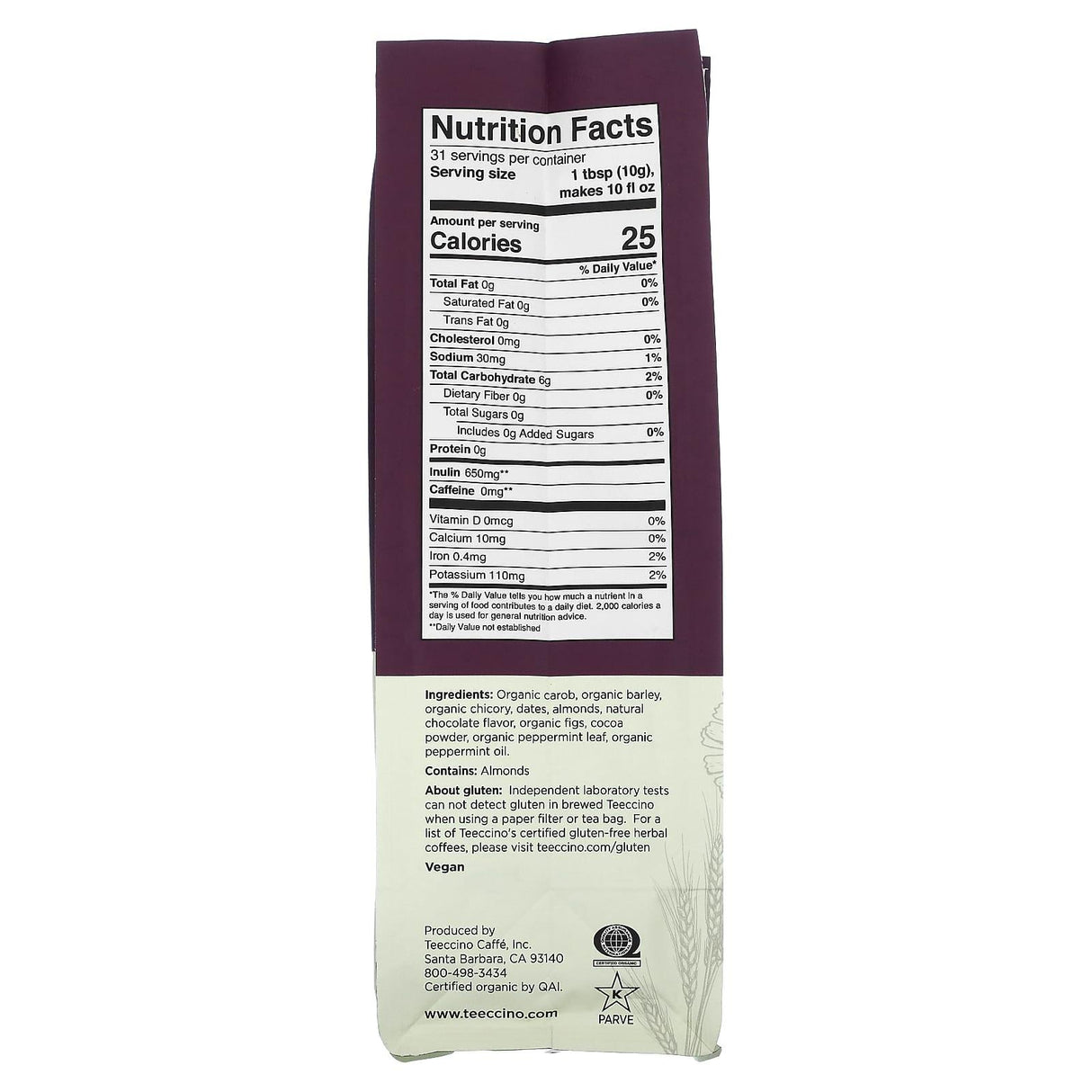 Teeccino, Organic Chicory Herbal 'Coffee', Chocolate Mint, Light Roast, Caffeine Free, 11 oz (312 g) - Supply Center USA
